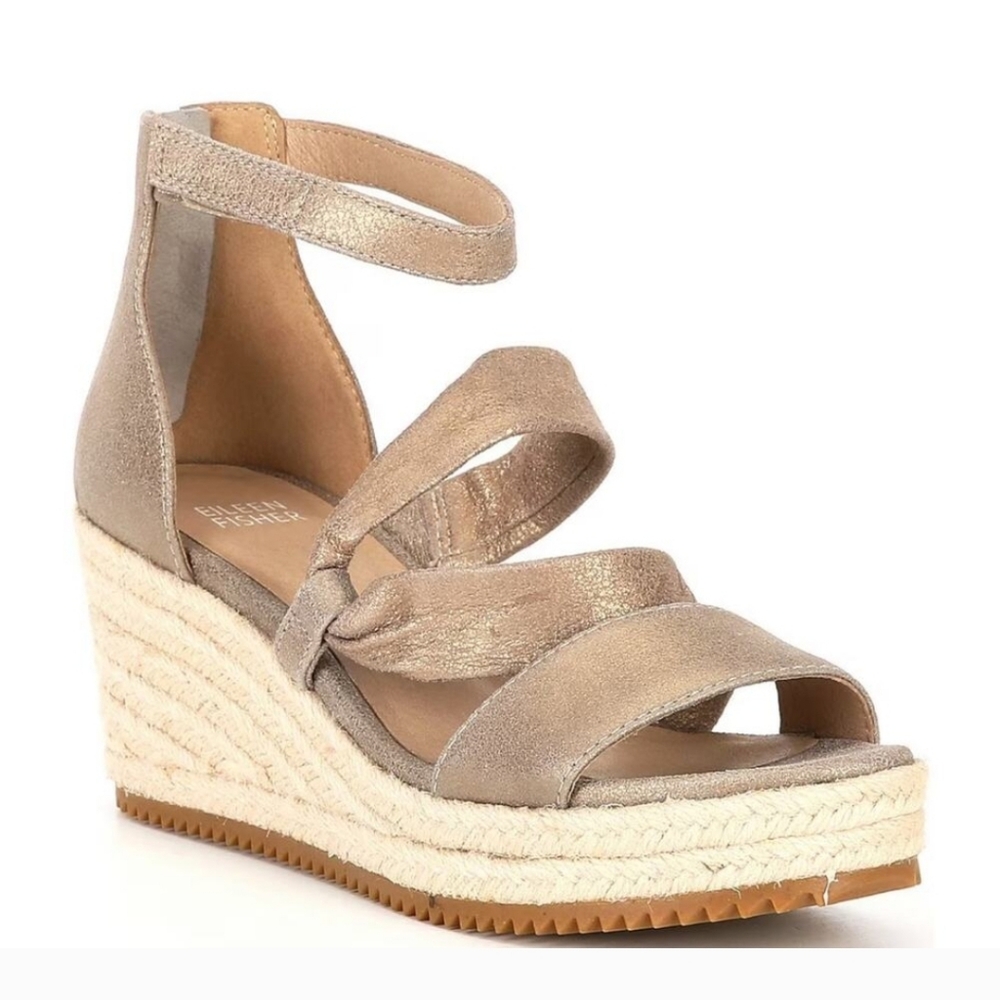 Eileen Fisher Wisp Metalic Espadrille Wedge Sandals - Size 8